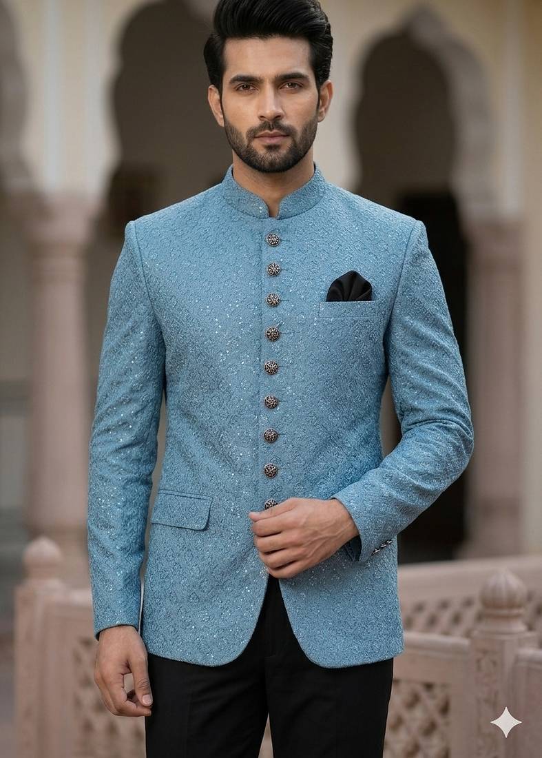 Sky blue color sequence jodhpuri for men | premium designer bandhgala ethnic wear