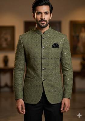 Mahendi color sequence jodhpuri for men | premium designer bandhgala ethnic wear 2