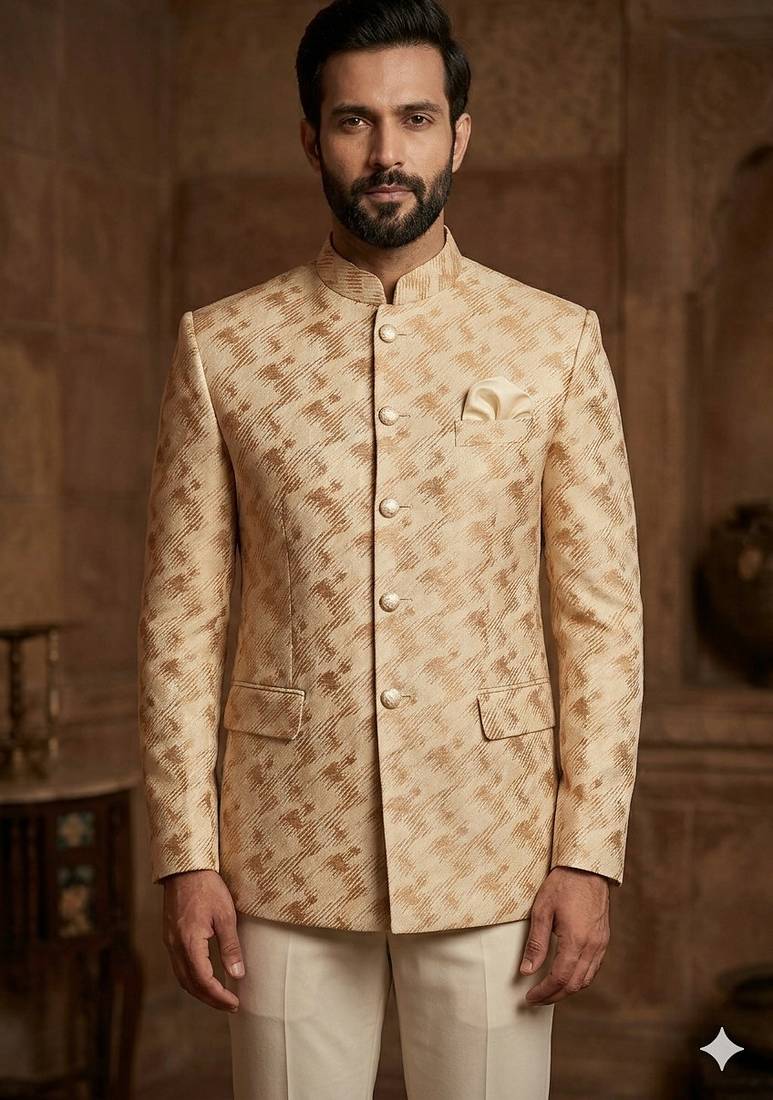 Golden color cheetah jodhpuri for men | premium designer bandhgala ethnic wear