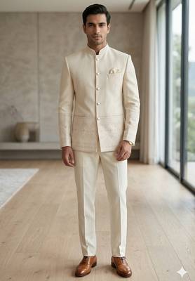 Cream daman weaving jodhpuri for men | premium designer bandhgala ethnic wear 2