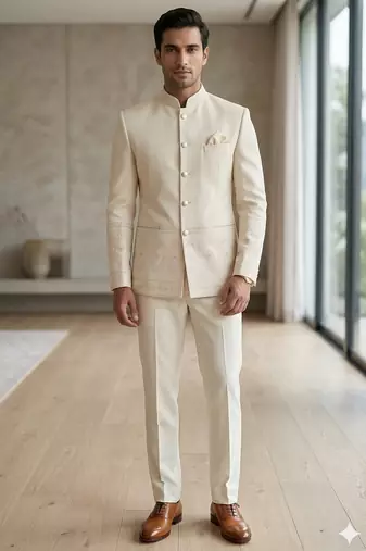 Cream daman weaving jodhpuri for men | premium designer bandhgala ethnic wear