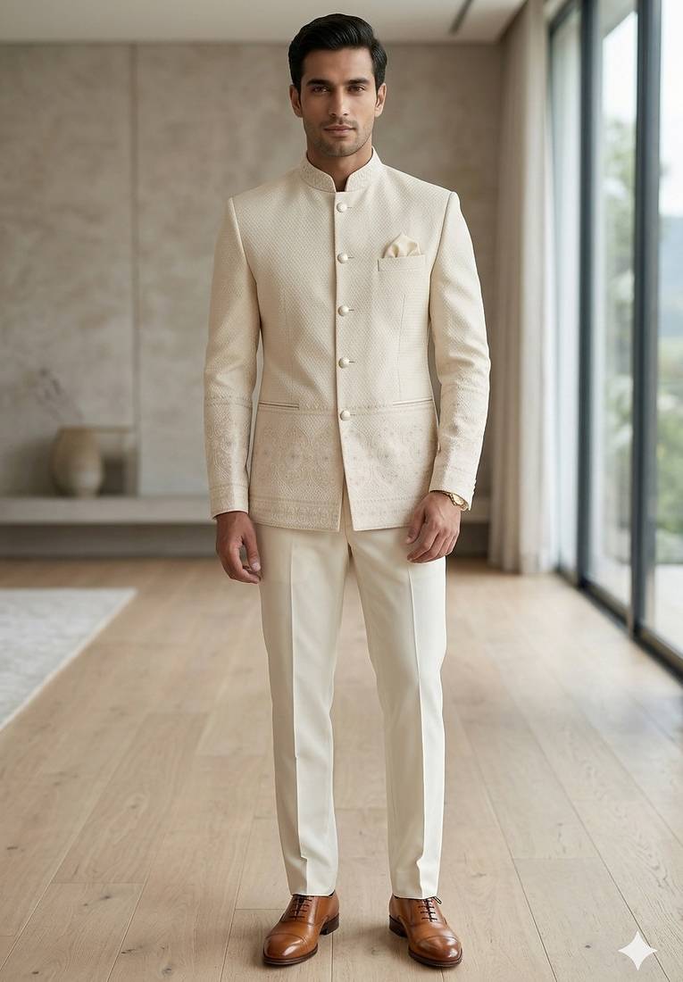 Cream daman weaving jodhpuri for men | premium designer bandhgala ethnic wear
