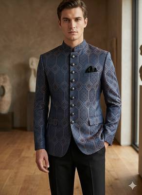Navy blue weaving jodhpuri for men | premium designer bandhgala ethnic wear 1