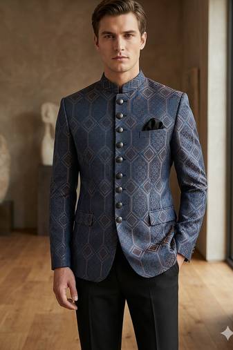 Navy blue weaving jodhpuri for men | premium designer bandhgala ethnic wear