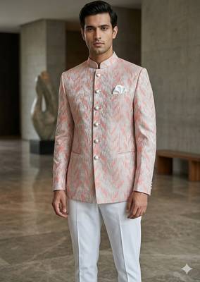 Baby pink self weaving jodhpuri for men | premium designer bandhgala ethnic wear 1
