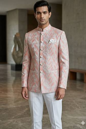 Baby pink self weaving jodhpuri for men | premium designer bandhgala ethnic wear