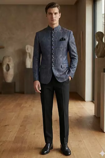 Navy blue weaving jodhpuri for men | premium designer bandhgala ethnic wear