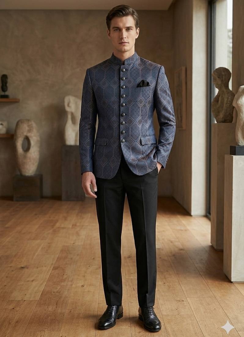 Navy blue weaving jodhpuri for men | premium designer bandhgala ethnic wear