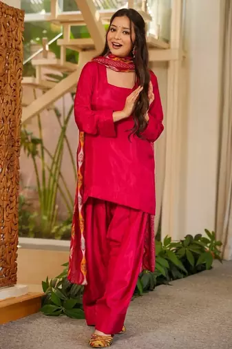 Women's Beautiful Solid Silk Crepe Fabric Straight Kurta Patiala and Dupatta Set
