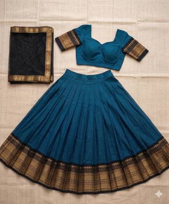 teal blue art silk plain lehenga choli 3
