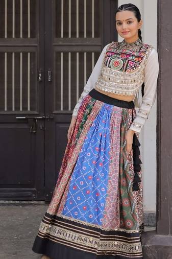 Multicolor Printed Lehenga & Top Set with Embroidered Mirror Lace Work for Navratri_Free Size