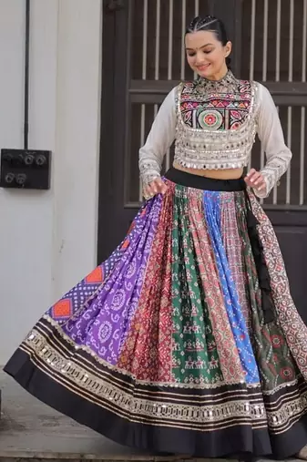 Multicolor Printed Lehenga & Top Set with Embroidered Mirror Lace Work for Navratri_Free Size