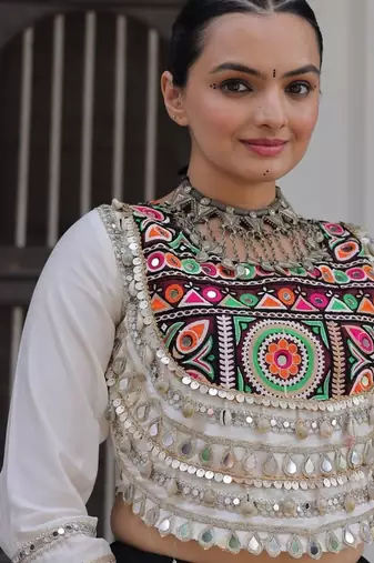 Multicolor Printed Lehenga & Top Set with Embroidered Mirror Lace Work for Navratri_Free Size