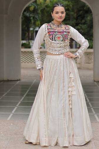 Traditional Off White Gujarati Embroidered With Mirror Lace Work Lehenga & Top for Garba Nights_Free Size