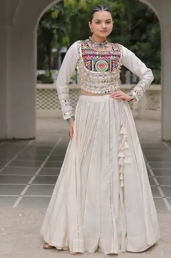 Traditional Off White Gujarati Embroidered With Mirror Lace Work Lehenga & Top for Garba Nights_Free Size