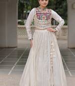 Traditional Off White Gujarati Embroidered With Mirror Lace Work Lehenga & Top for Garba Nights_Free Size