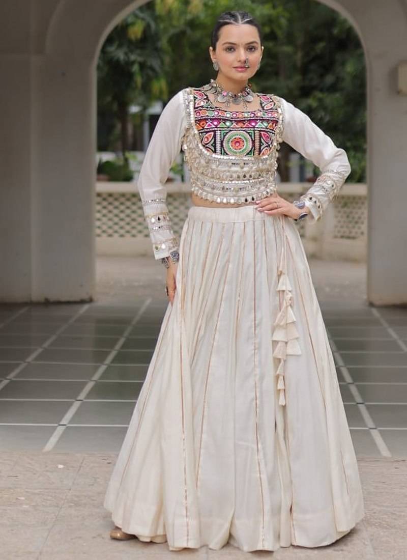 Traditional Off White Gujarati Embroidered With Mirror Lace Work Lehenga & Top for Garba Nights_Free Size