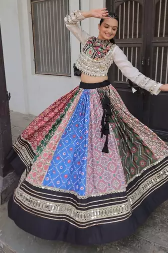 Multicolor Printed Lehenga & Top Set with Embroidered Mirror Lace Work for Navratri_Free Size