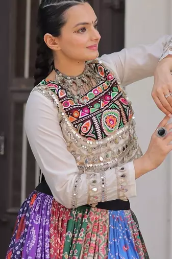 Multicolor Printed Lehenga & Top Set with Embroidered Mirror Lace Work for Navratri_Free Size