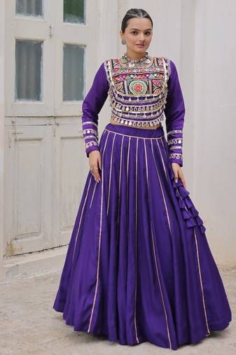 Traditional Purple Gujarati Embroidered With Mirror Lace Work Lehenga & Top for Garba Nights_Free Size