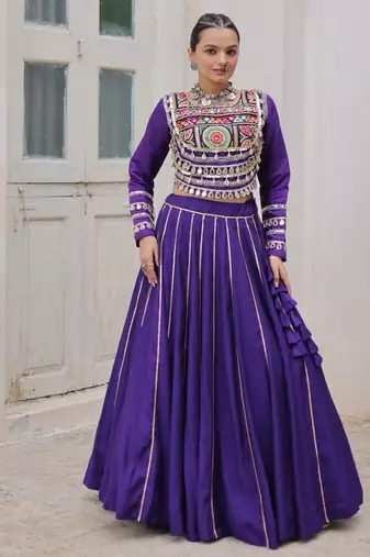 Traditional Purple Gujarati Embroidered With Mirror Lace Work Lehenga & Top for Garba Nights_Free Size