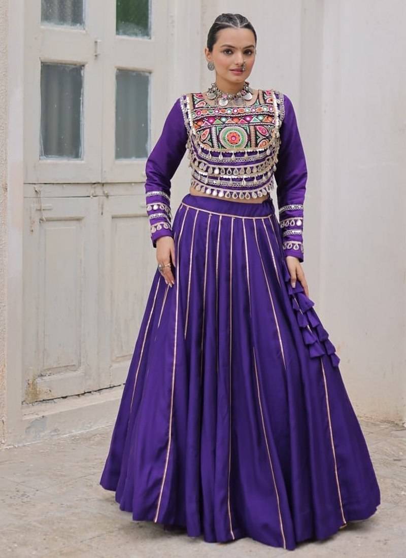 Traditional Purple Gujarati Embroidered With Mirror Lace Work Lehenga & Top for Garba Nights_Free Size