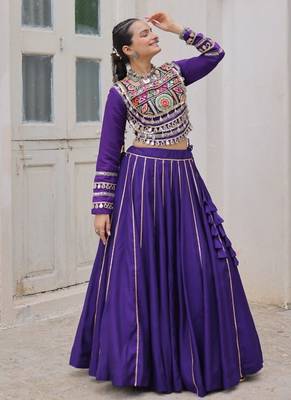 purple embroidered mirror work silk lehenga choli 2