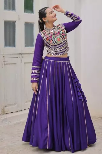 Traditional Purple Gujarati Embroidered With Mirror Lace Work Lehenga & Top for Garba Nights_Free Size