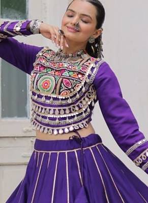 purple embroidered mirror work silk lehenga choli 3