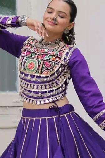 Traditional Purple Gujarati Embroidered With Mirror Lace Work Lehenga & Top for Garba Nights_Free Size