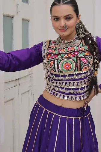 Traditional Purple Gujarati Embroidered With Mirror Lace Work Lehenga & Top for Garba Nights_Free Size