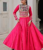 Traditional Pink Gujarati Embroidered With Mirror Lace Work Lehenga & Top for Garba Nights_Free Size