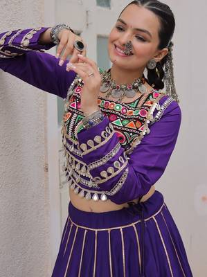 purple embroidered mirror work silk lehenga choli 5