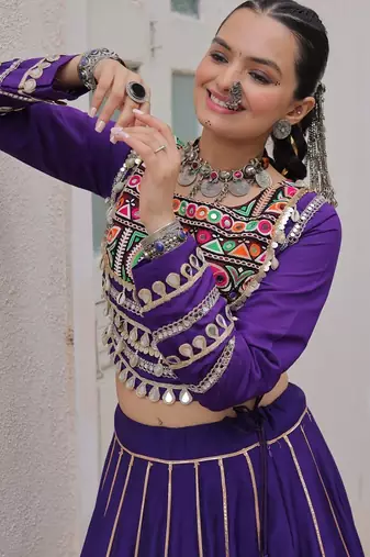 Traditional Purple Gujarati Embroidered With Mirror Lace Work Lehenga & Top for Garba Nights_Free Size
