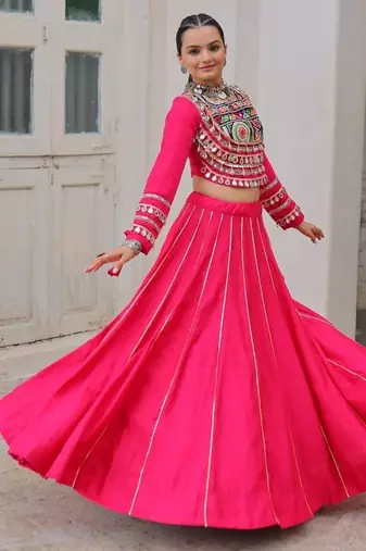Traditional Pink Gujarati Embroidered With Mirror Lace Work Lehenga & Top for Garba Nights_Free Size