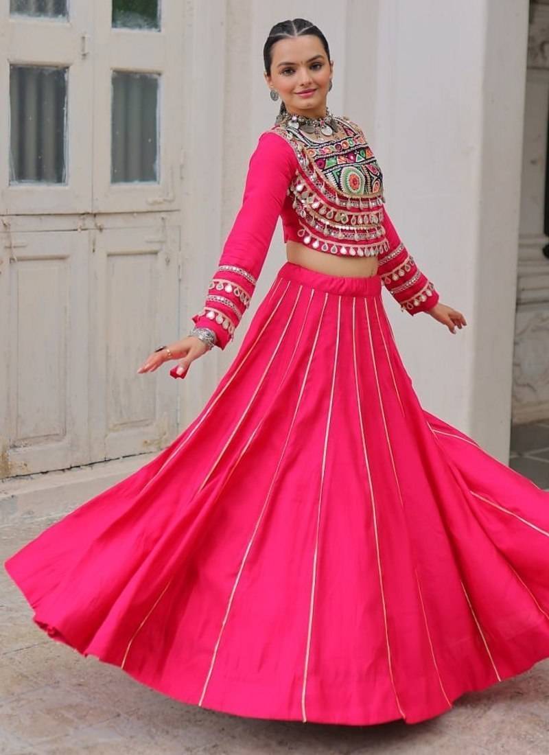Traditional Pink Gujarati Embroidered With Mirror Lace Work Lehenga & Top for Garba Nights_Free Size