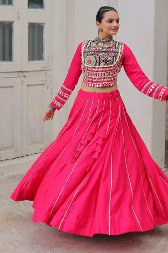 Traditional Pink Gujarati Embroidered With Mirror Lace Work Lehenga & Top for Garba Nights_Free Size