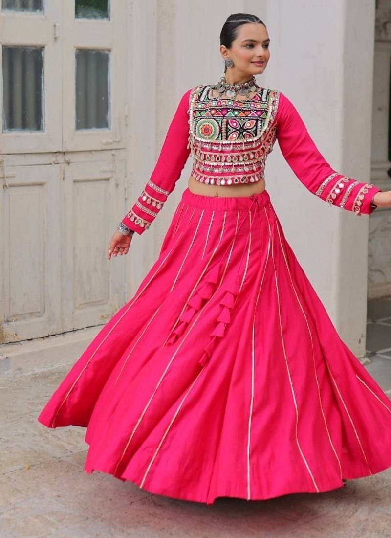 Traditional Pink Gujarati Embroidered With Mirror Lace Work Lehenga & Top for Garba Nights_Free Size