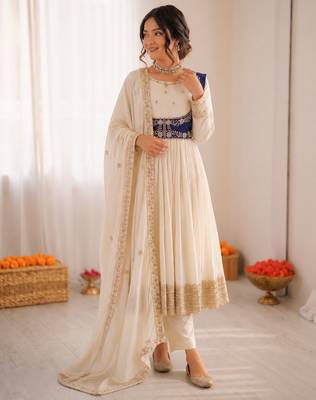 Off white chinon silk thread with sequin anarkali suit 1