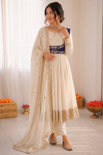 Off white chinon silk thread with sequin anarkali suit
