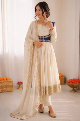 Off white chinon silk thread with sequin anarkali suit