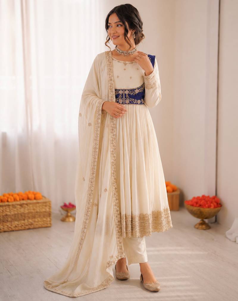 Off white chinon silk thread with sequin anarkali suit