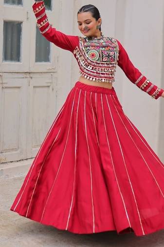 Traditional Marron Gujarati Embroidered With Mirror Lace Work Lehenga & Top for Garba Nights_Free Size