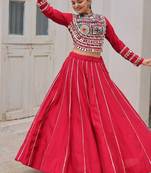Traditional Marron Gujarati Embroidered With Mirror Lace Work Lehenga & Top for Garba Nights_Free Size