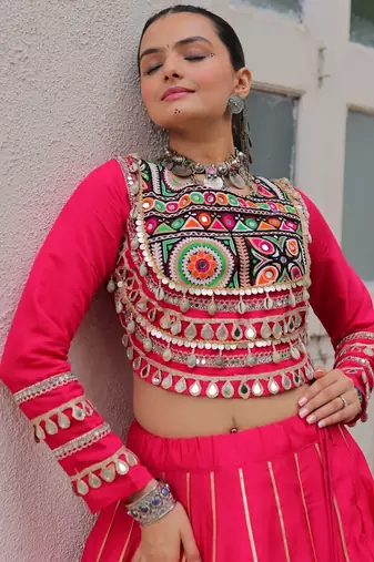 Traditional Pink Gujarati Embroidered With Mirror Lace Work Lehenga & Top for Garba Nights_Free Size