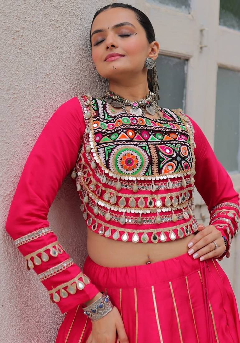 Traditional Pink Gujarati Embroidered With Mirror Lace Work Lehenga & Top for Garba Nights_Free Size
