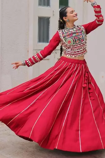 Traditional Marron Gujarati Embroidered With Mirror Lace Work Lehenga & Top for Garba Nights_Free Size