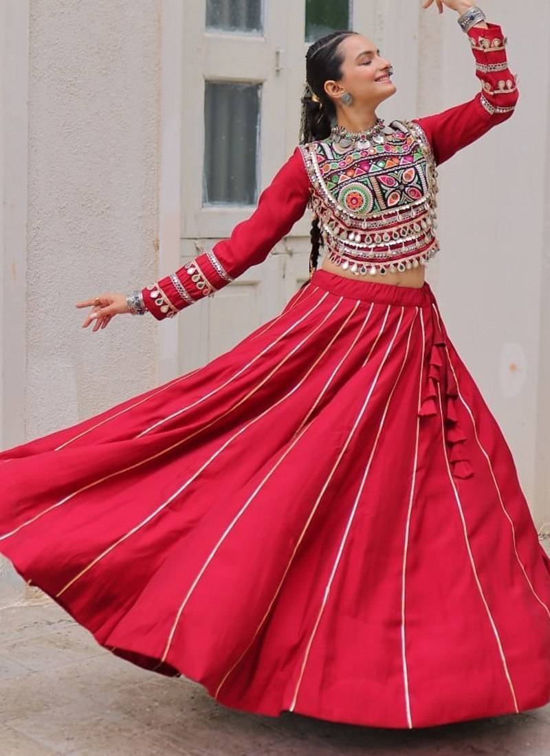 Traditional Marron Gujarati Embroidered With Mirror Lace Work Lehenga & Top for Garba Nights_Free Size