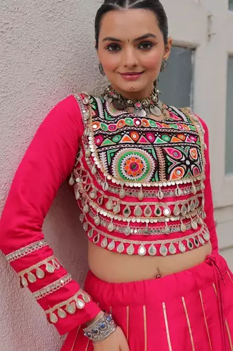Traditional Pink Gujarati Embroidered With Mirror Lace Work Lehenga & Top for Garba Nights_Free Size