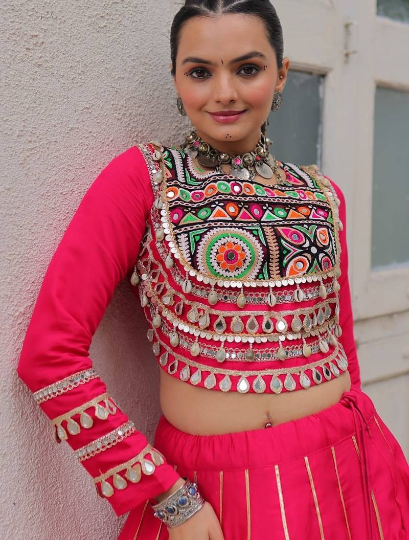 Traditional Pink Gujarati Embroidered With Mirror Lace Work Lehenga & Top for Garba Nights_Free Size